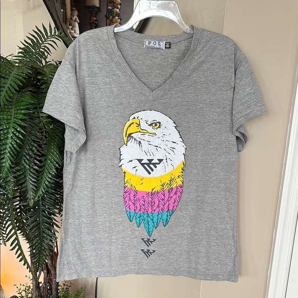 NWOT POL Gray V-Neck Short Sleeved T-Shirt Colorful Eagle Aztec Graphic Cotton - Picture 1 of 12
